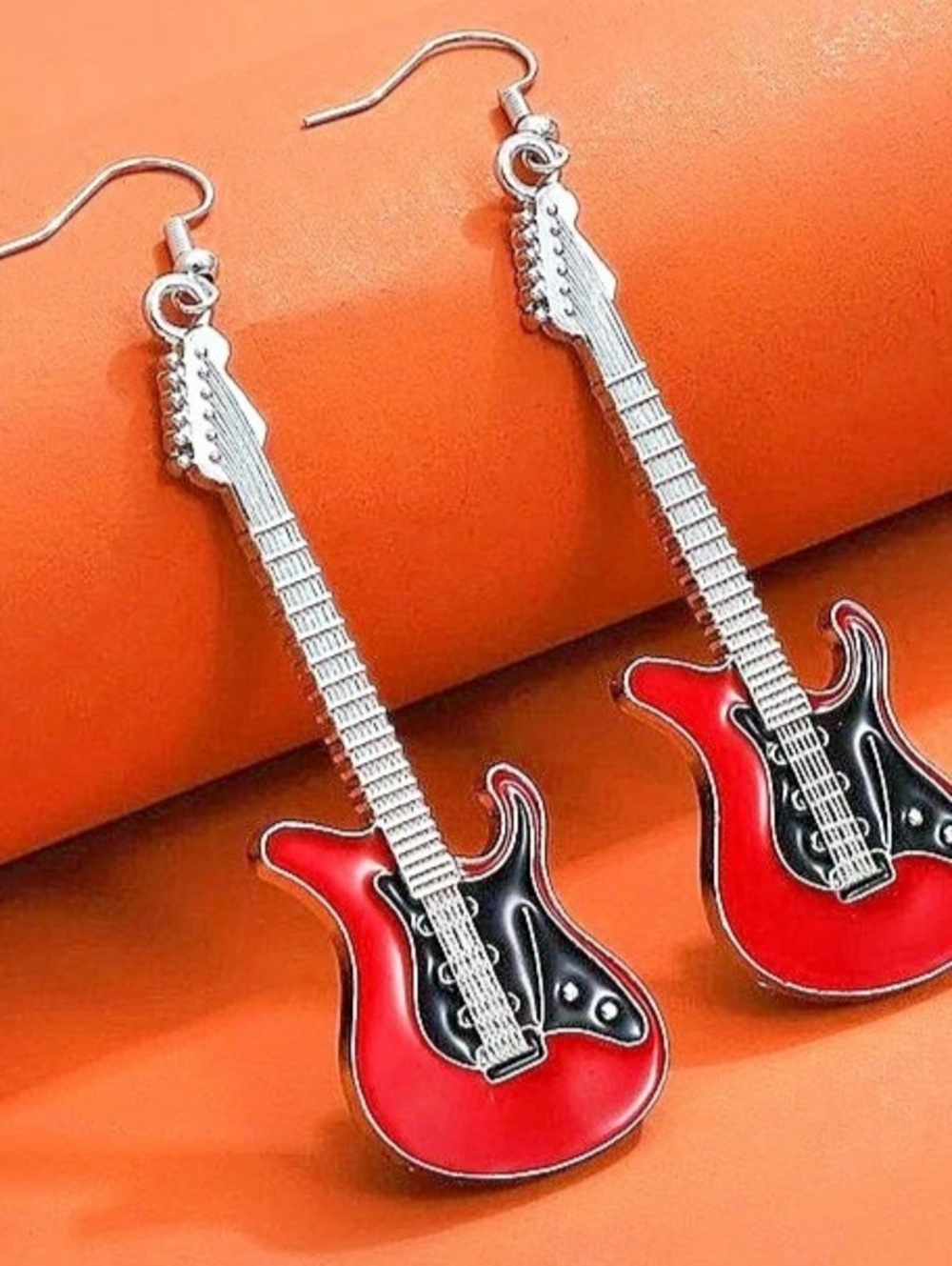 Musical Instrument Drop Earrings Red & Silver